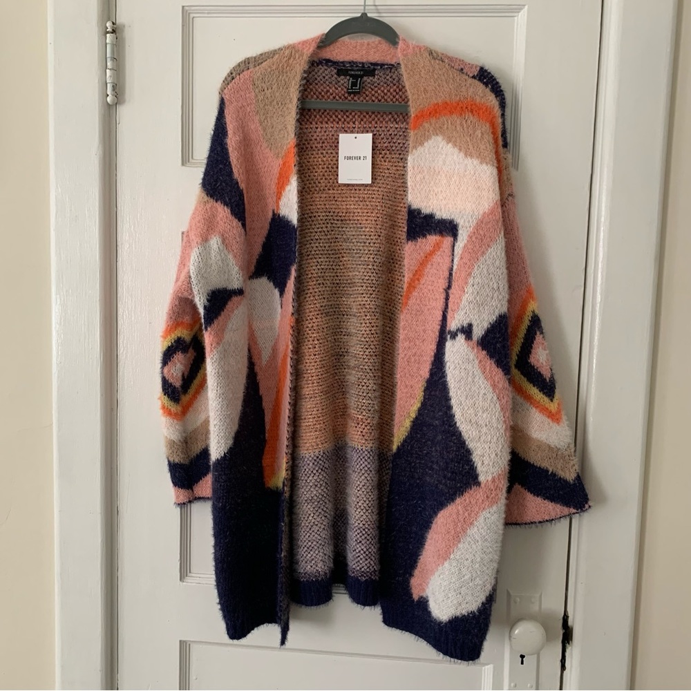 Geo Open-Front Fuzzy Cardigan Sweater